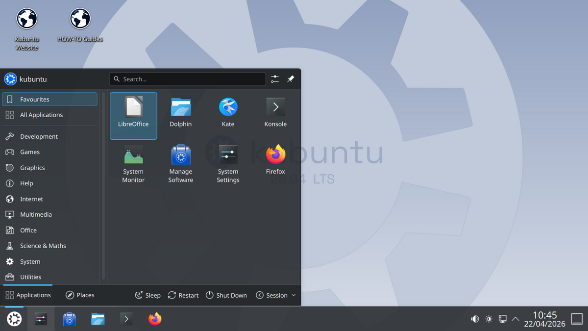 Kubuntu Startmenü mit LibreOffice, Firefox und Dolphin